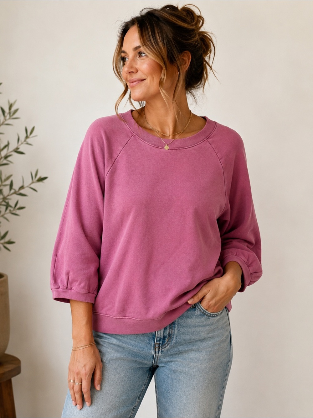 Madewell Pink Cotton Raglan Sweatshirt Size L 3/4 Sleeve Pullover Crewneck